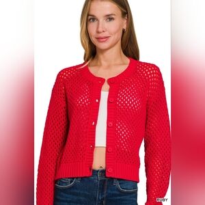 Zenana Button Down Lightweight Crochet Cardigan Sweater